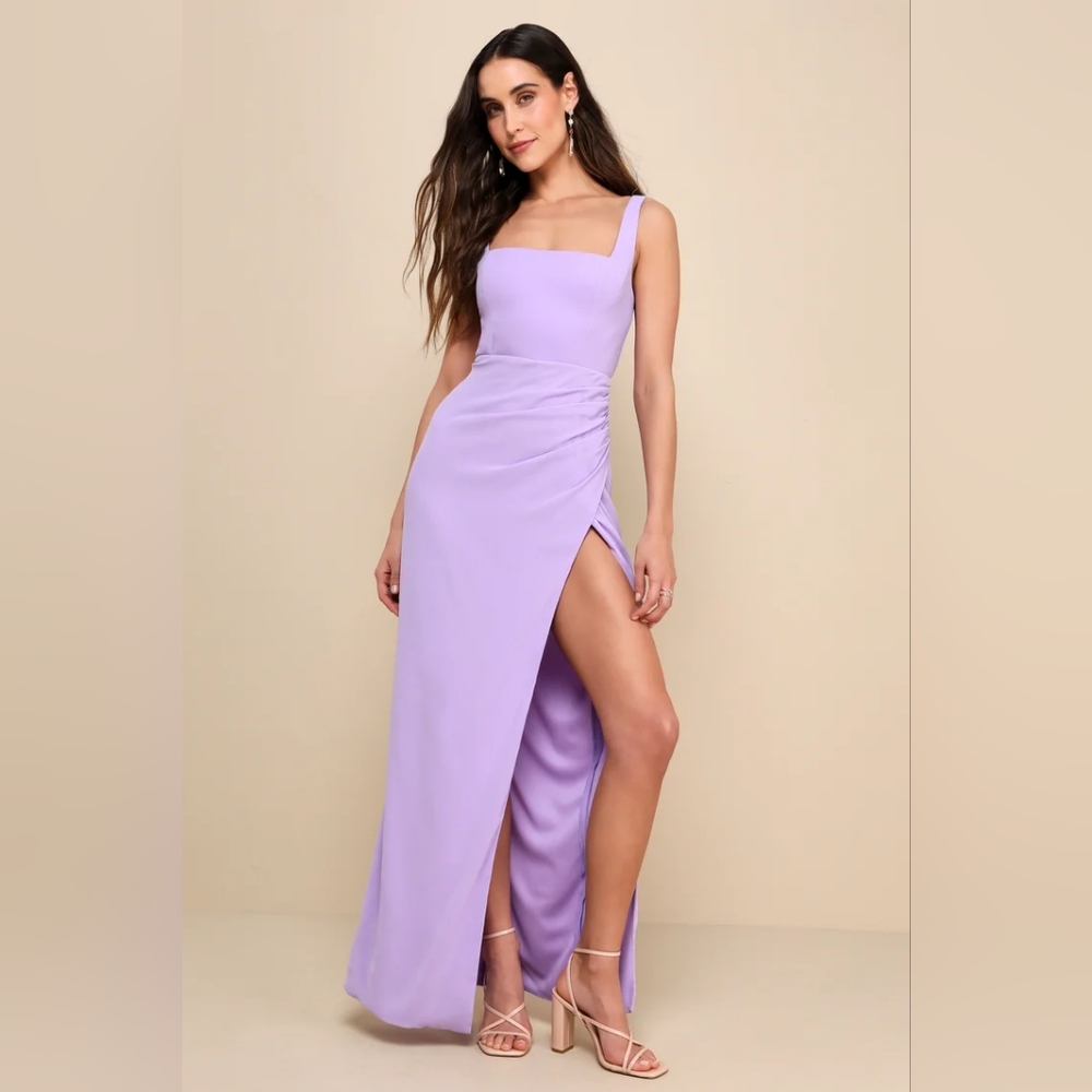 Lulu's Glamorous Disposition Lavender Ruched Maxi Dress